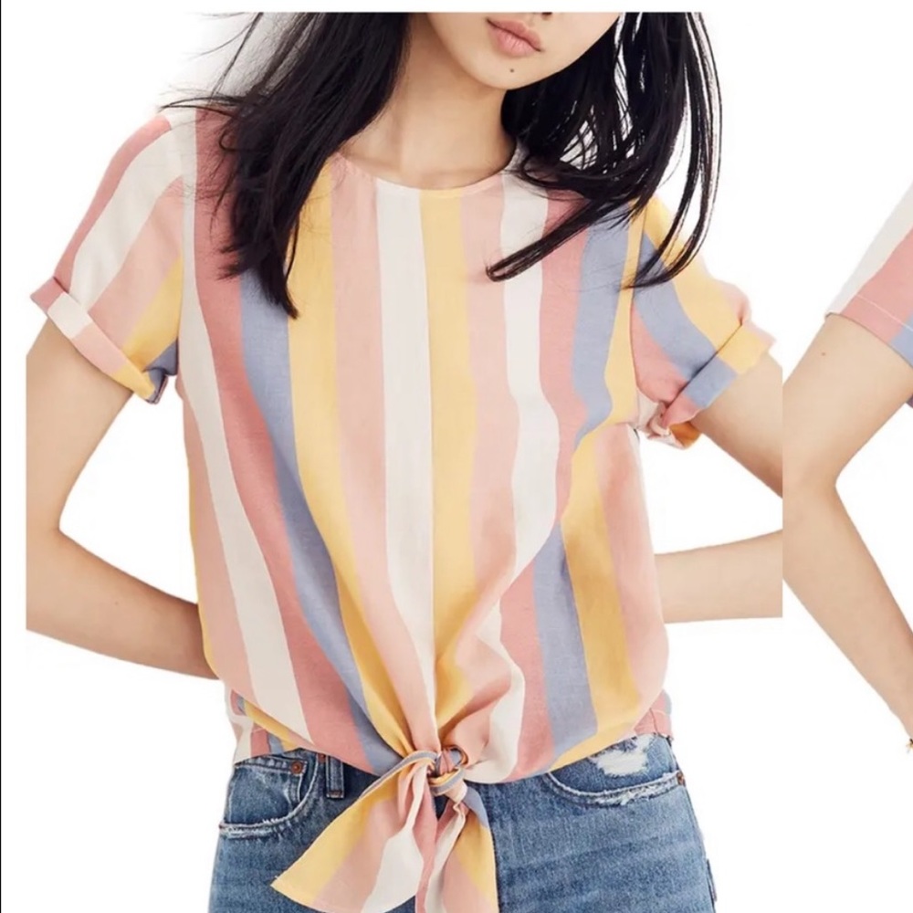 Madewell Top Tie Front Button Back Sherbet Stripe Short Sleeve